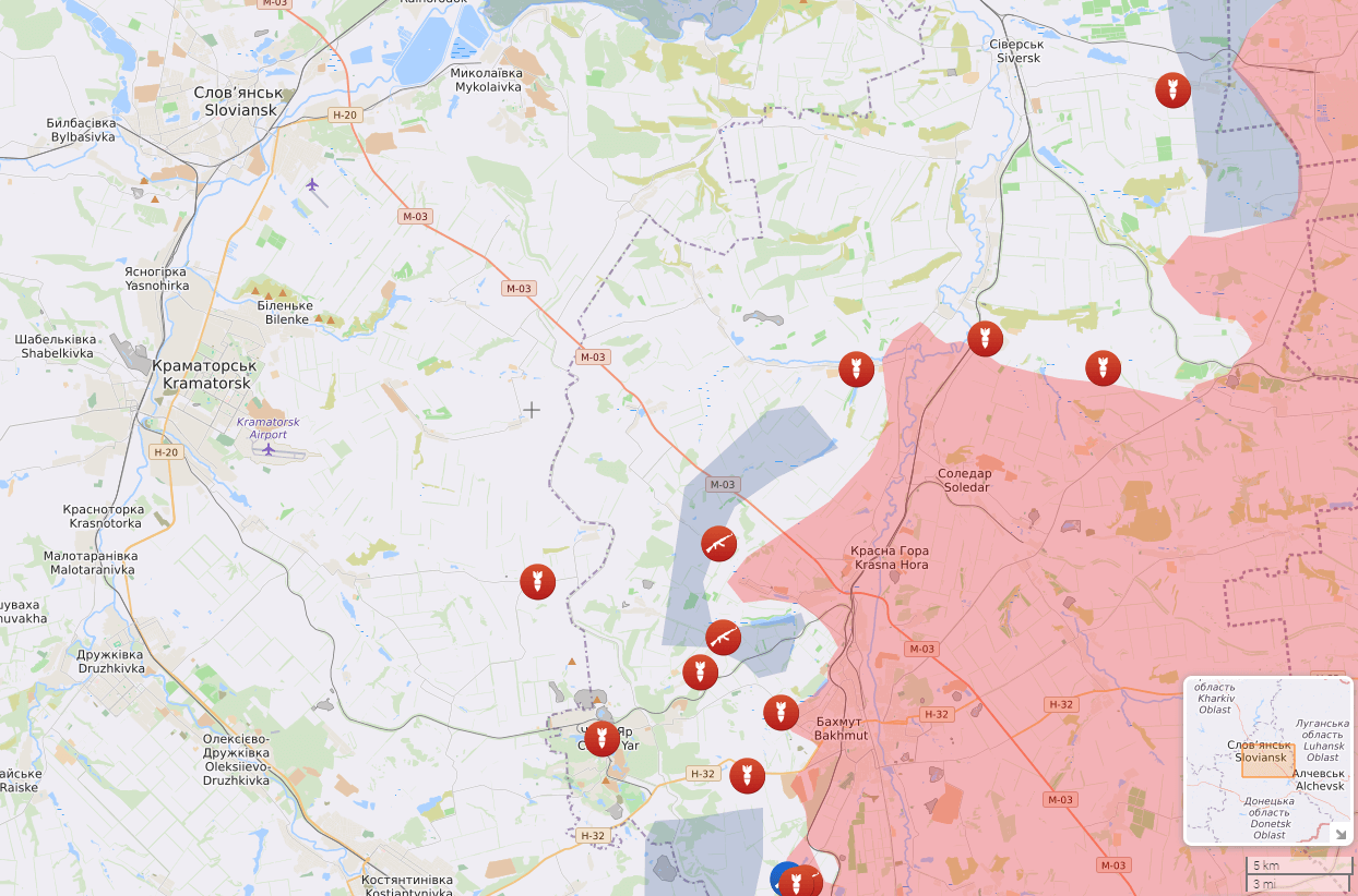 Mapa znázorňující situaci kolem Bachmutu k 5. červenci 2023. Červená barva reflektuje části okupované ruskou armádou. Zdroj: LiveUAmap