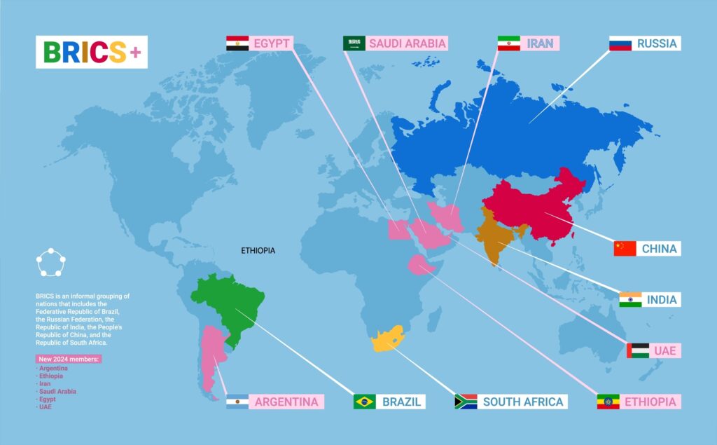 Mapa se svazem BRICS, který tvoří 5 zemí: Brazílie, Rusko, Indie, Čína, Jihoafrická republika a noví členové, kteří se připojili v letošním roce. Foto: Shutterstock