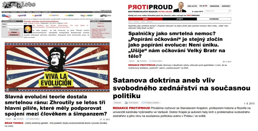 Příklady konspiračního obsahu na webech Freeglobe a Protiproud